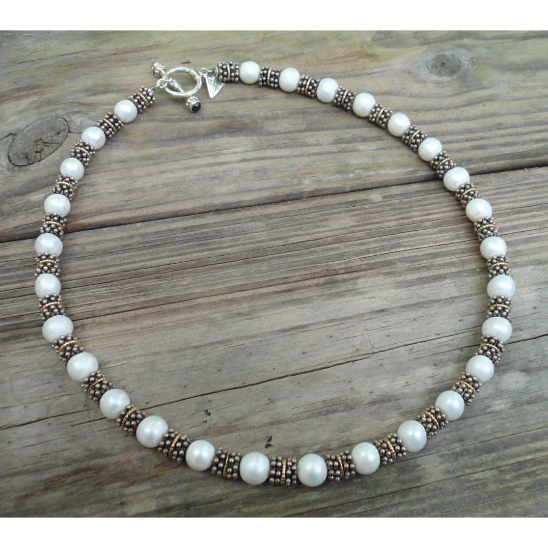 Vtg Sterling Silver 14k Yellow Gold Fresh Water Pearls Necklace Garnet Toggle